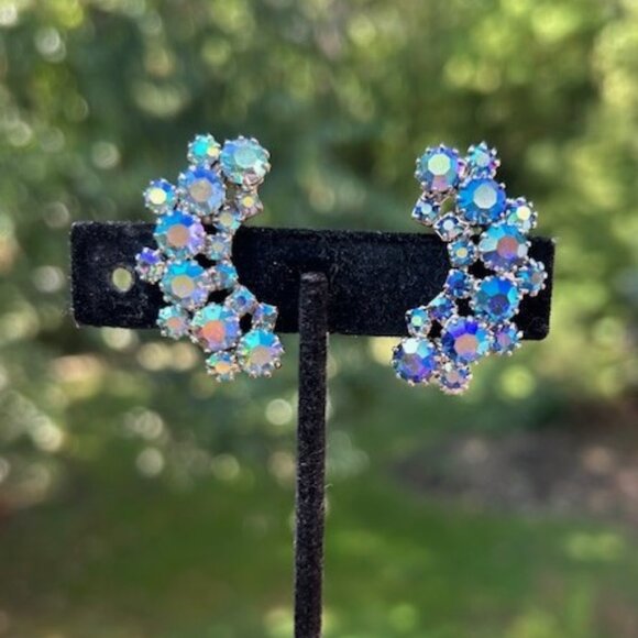 WEISS Aurora Borealis AB Blue Rhinestone EARRINGS - Picture 2 of 6